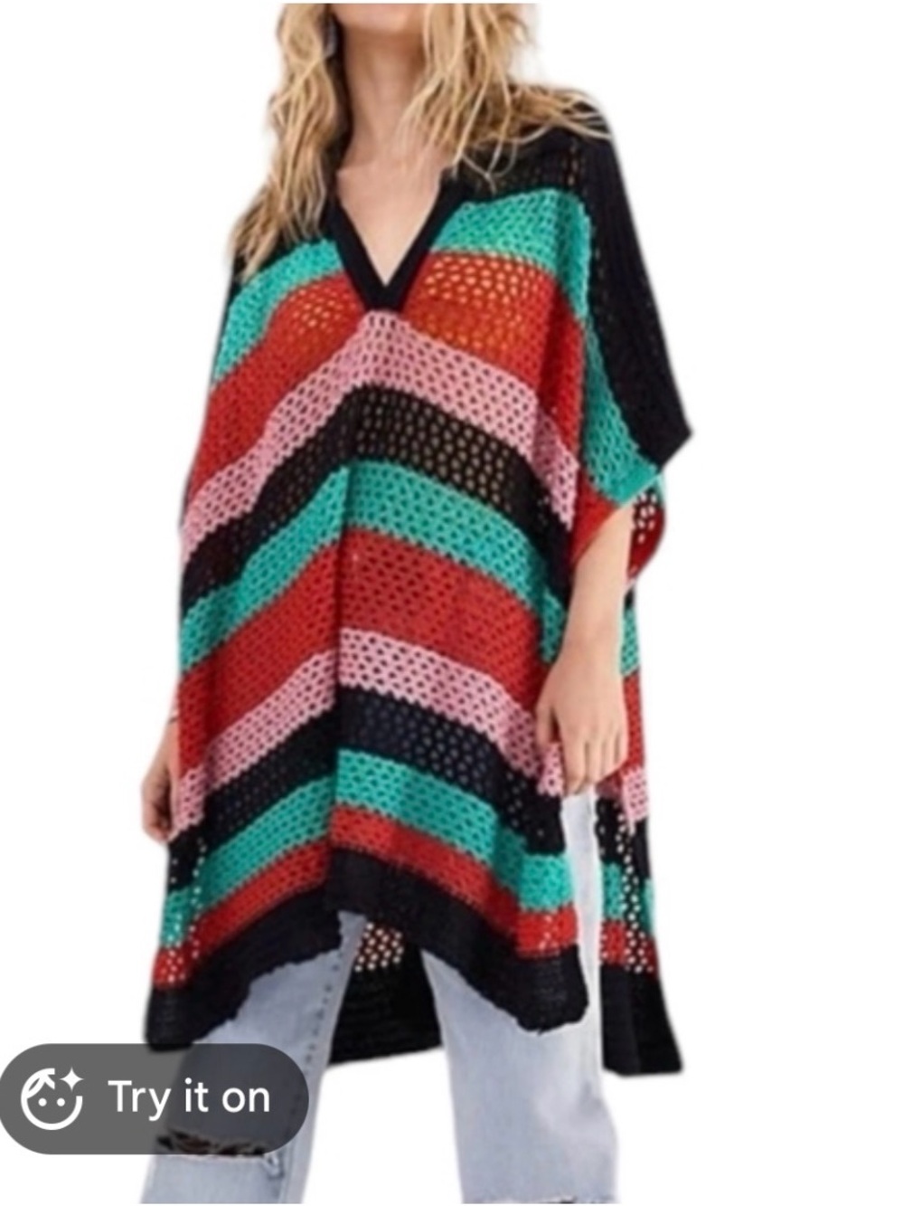 Free People Multicolor Striped Open-Knit V-Neck Poncho - One Size